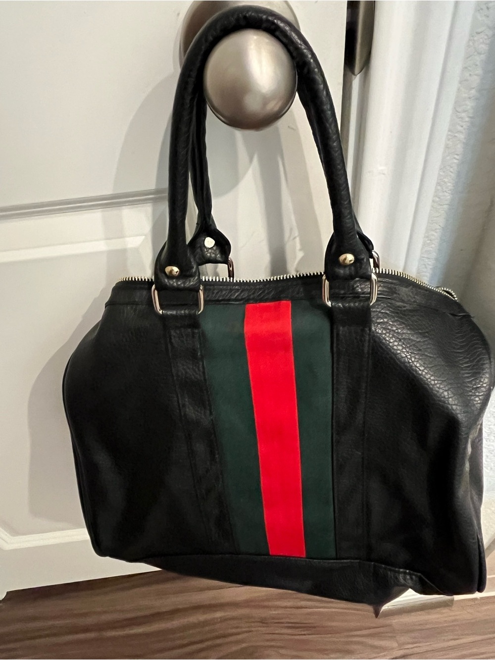 Black Leather Tote with Green and Red Stripe Boston Bag